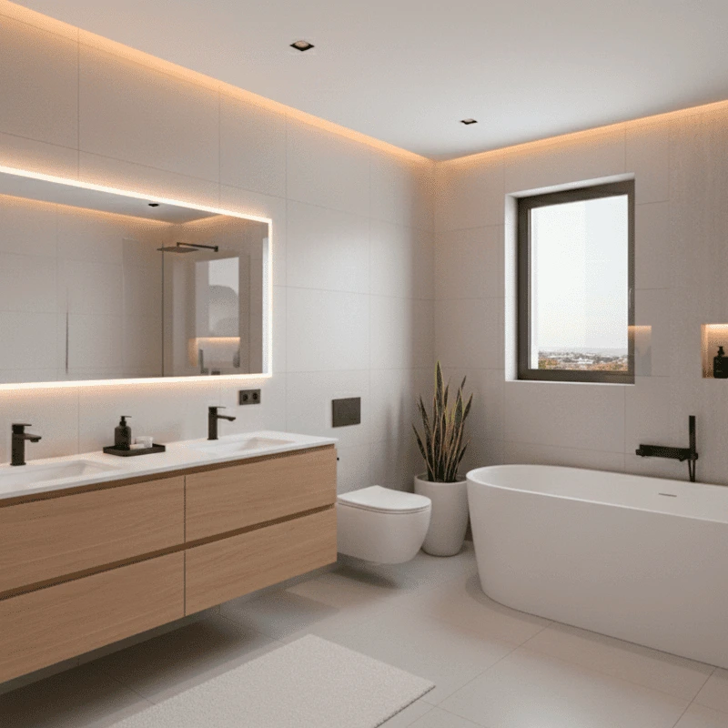 Diseño de baño moderno en Huelva con bañera exenta, mueble de madera y espejo retroiluminado.