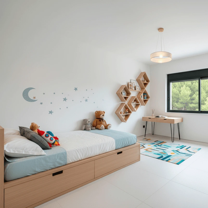 Interiorismo de dormitorio juvenil en Huelva con mobiliario a medida en madera clara y decoración nórdica.