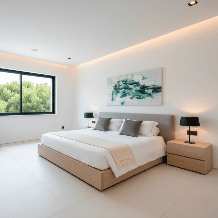 Diseño de dormitorio principal minimalista en Huelva con iluminación LED indirecta y grandes ventanales.