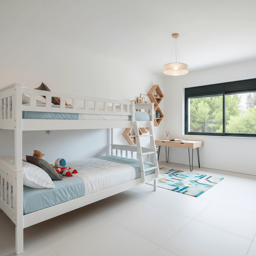 Diseño de habitación infantil funcional en Huelva con litera blanca y zona de estudio integrada.