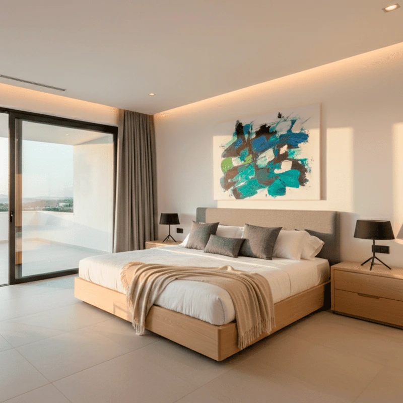 Suite de lujo diseñada por arquitecto en Huelva con acceso directo a terraza y decoración moderna.