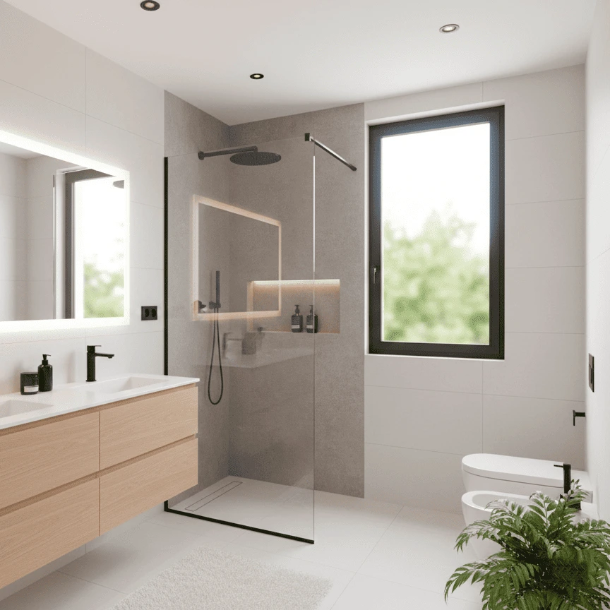 Proyecto de baño con ducha italiana y mampara de cristal diseñado por arquitecto en Huelva.