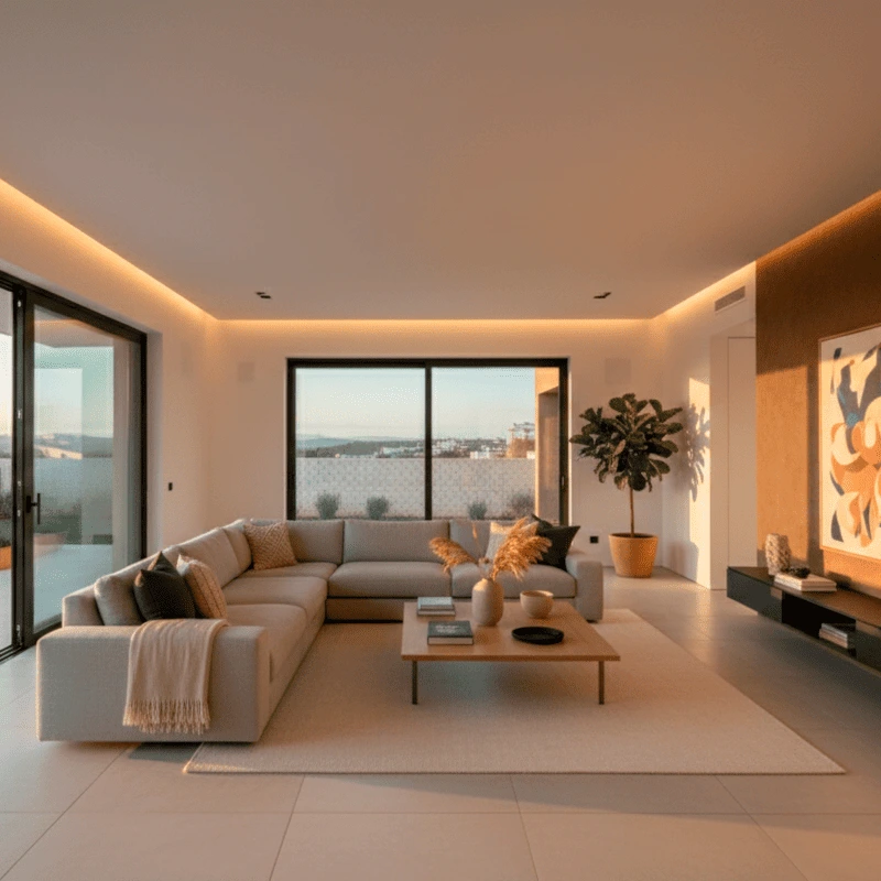 Salón de concepto abierto con iluminación cálida y amplios ventanales en proyecto residencial en Huelva.