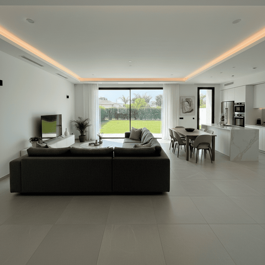 Vista general de planta abierta uniendo salón, comedor y cocina en una vivienda moderna diseñada en Huelva.