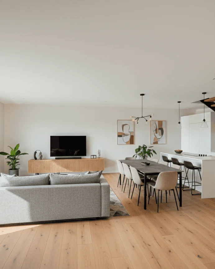 Diseño de salón comedor con suelos de madera, escalera metálica y mobiliario contemporáneo en un proyecto en Huelva.