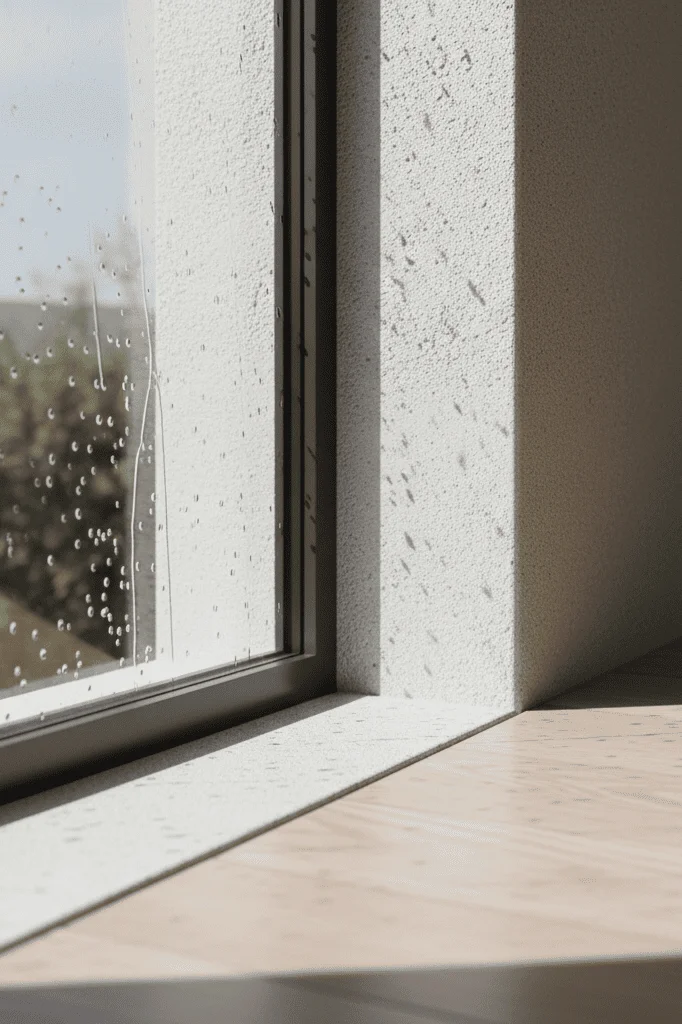 Encuadre abstracto de un ventanal fijo que enmarca el paisaje natural, destacando la continuidad visual entre el interior minimalista y el entorno exterior.
