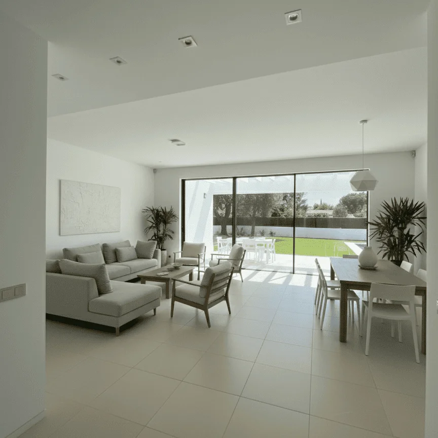 Salón de diseño mediterráneo moderno con paredes blancas de textura suave, vigas de madera vista en el techo, grandes ventanales con vistas al mar y un sofá contemporáneo orientado hacia una zona de descanso minimalista.