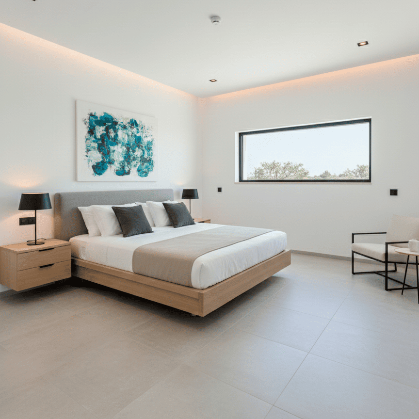 Proyecto de dormitorio moderno en blanco y madera diseñado por estudio de arquitectura en Huelva.