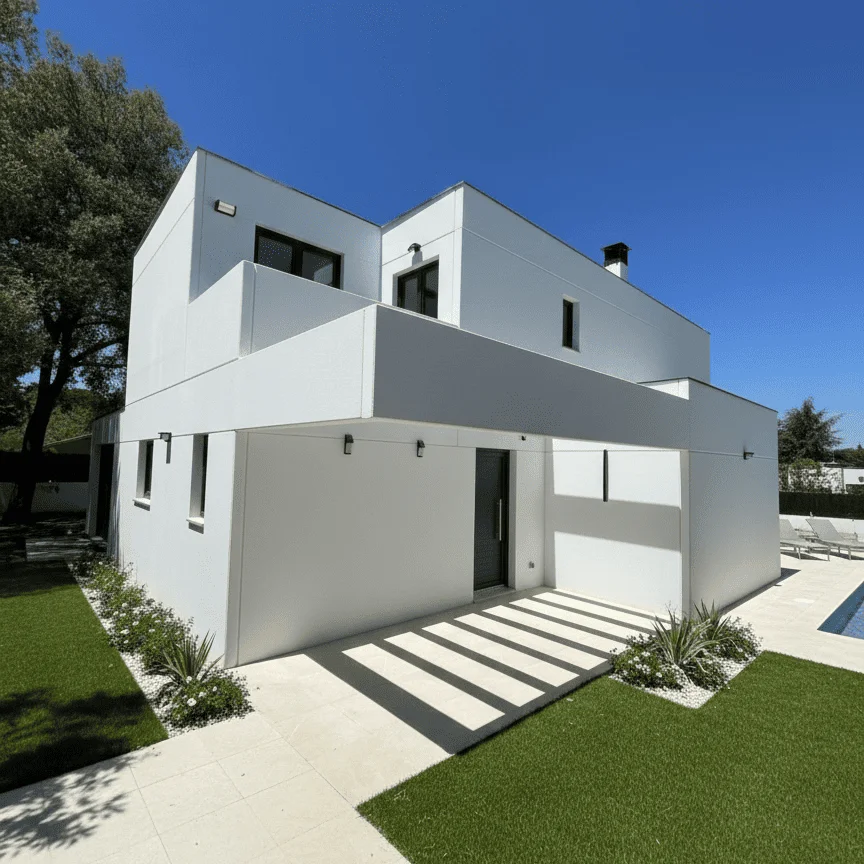 Vista exterior de una vivienda de obra nueva donde destaca la integración de la luz natural, suelos de piedra clara y una decoración minimalista en tonos tierra que conecta el salón con el paisaje exterior andaluz.